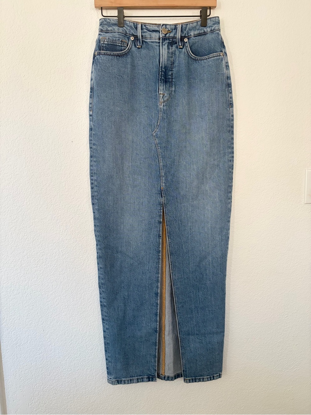 Good American Light Blue Denim Maxi Skirt with Center Front Slit